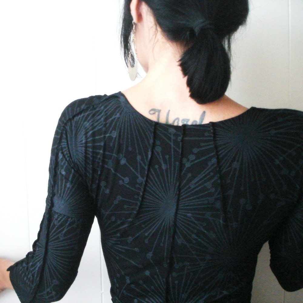 Somewhere In the Night - Made to Order - iheartfink Handmade Hand Printed Womens Artistic Black on Black Wrap Dress