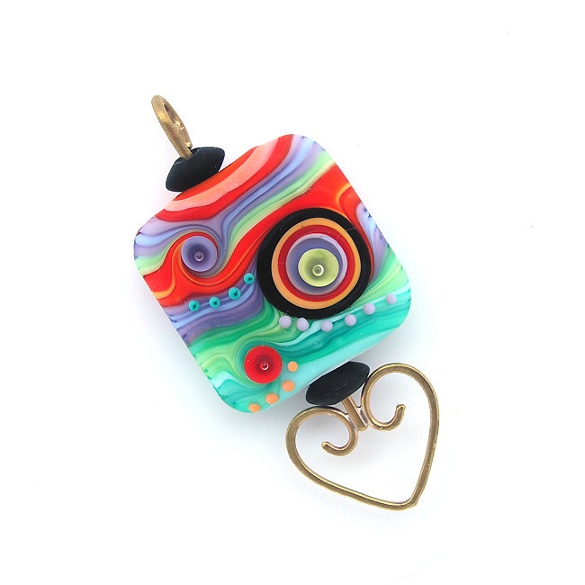 Emerald, poppy red and African Violet  Heart Glass Lampwork Pendant Focal bead. Pantone spring 2013