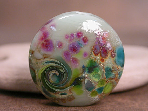 Lampwork Focal Bead Organic Pale Green with Lime Emerald Z99 Purple Rose Divine Spark Designs