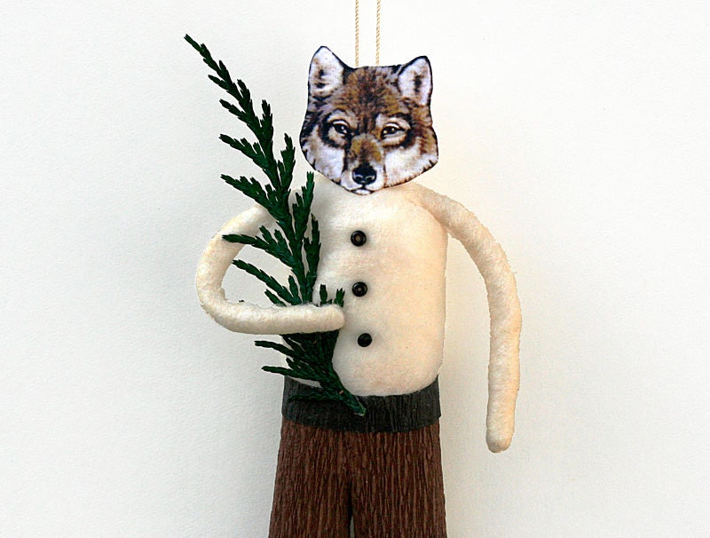 Wolf Holiday Tree Ornament - Handmade Spun Cotton Christmas Ornament - Made to Order
