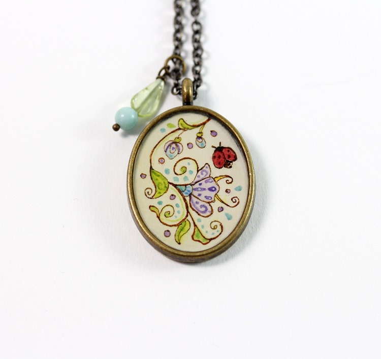 The Lady Bug and the Swirling Purple Flower Hand Painted Necklace