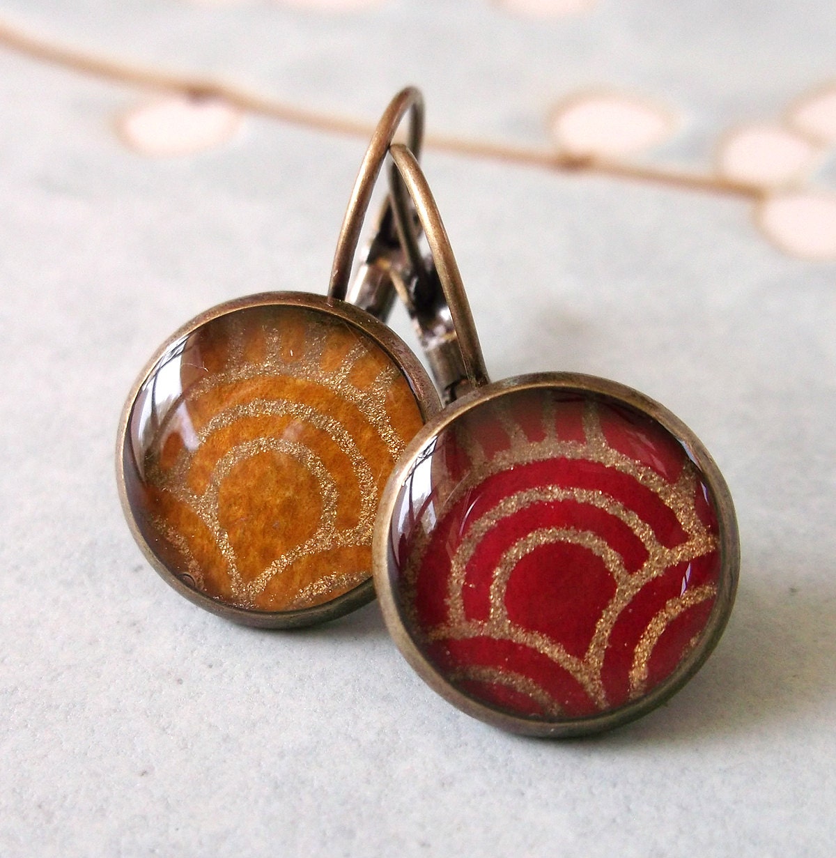Earrings Japanese Chiyogami Leverback Washi Antique Brass. Autumn Sunset