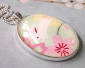 Bunny Glass Pendant Necklace Oval in Chiyogami and Silver - Usagi Dance