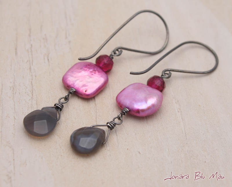 Fuschia Pink Pearl and Gray Agate Earrings - JonaraBluMauiJewelry