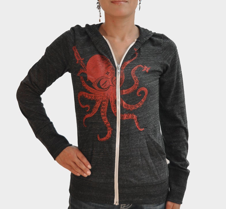Unisex Ninja Octopus Eco Hether Zip Hoodie Heather Black