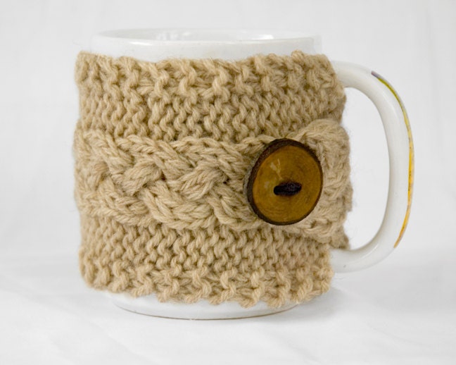 Hand Knit Cabled Wool Coffee Cup Cozy in Natural Heather