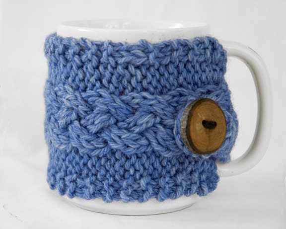 Hand Knit Cabled Wool Coffee Cup Cozy in Heathered Denim Blue