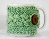 Hand Knit Cabled Wool Coffee Cup Cozy in Spring Green