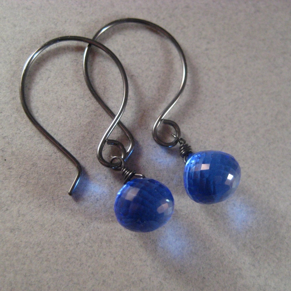 Blue Quartz Earrings, Faceted Blue Quartz Briolette Oxidized Sterling Silver Earrings