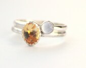 Faceted citrine ring set,  natural chalcedony,  sterling silver stacking ring pair size 7, November birthstone