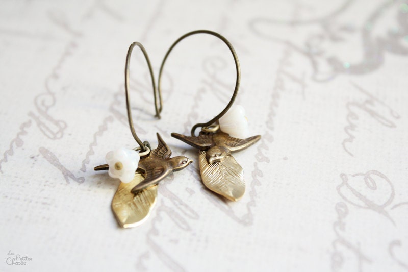Autumn Flights - delicate romantic earrings with mixed metals - birds, leaves and flowers