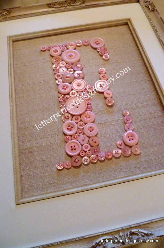 Personalized Vintage Style Nursery Letter Art -- Pink Buttons on Antique White Silk -- Ready To Frame in 8x10 Frame (frame not included)