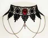 Elegant gothic choker necklace - Black lace with chains, cross and ornate Ruby red pendant - LUCRETIA in Ruby red