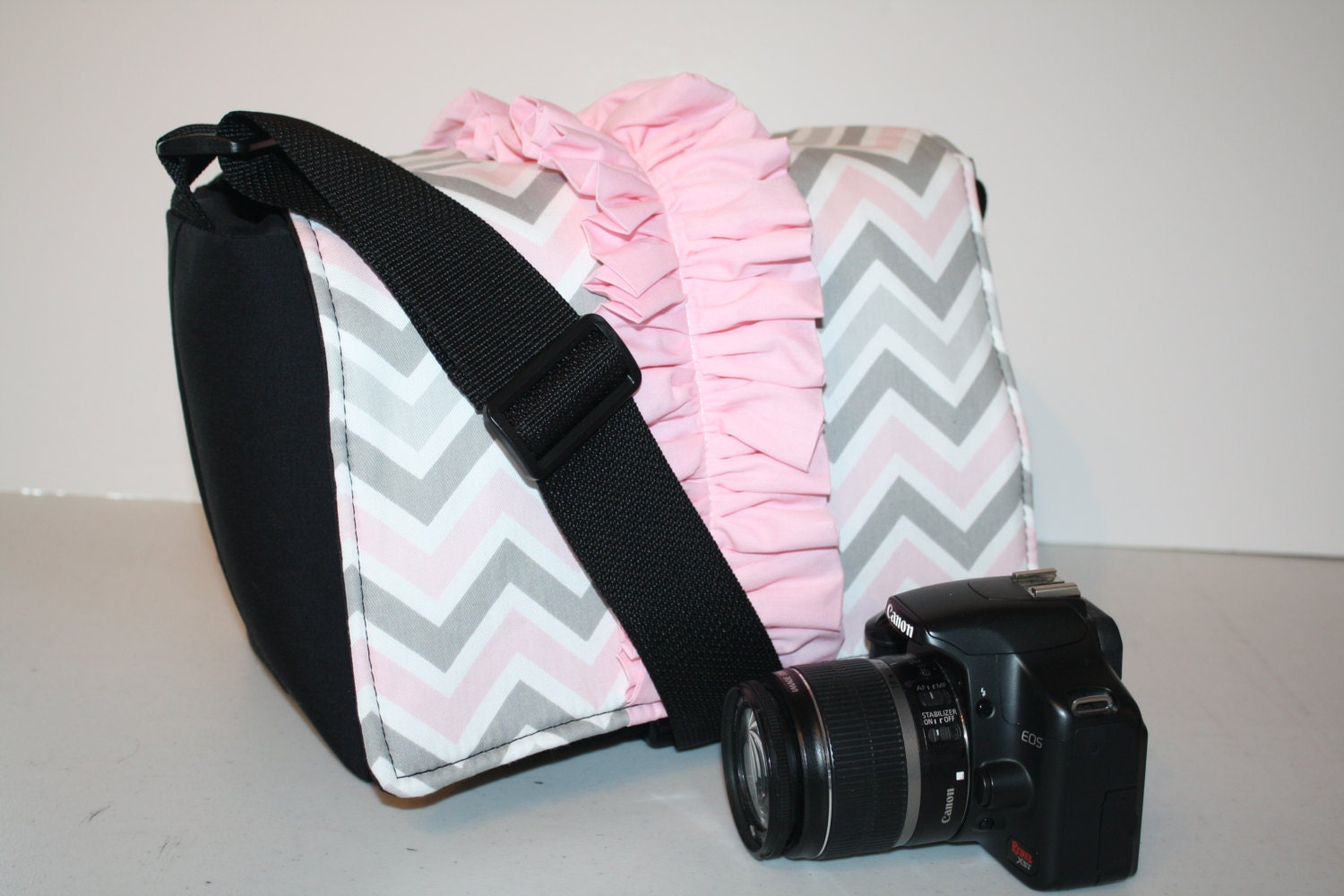 Digital Slr CAMERA Bag Dslr camera case bag Purse Womens 4 Pink Grey Chevron Pink Ruffle  /cell/lens cap/ pkts MD XcessRize Designs