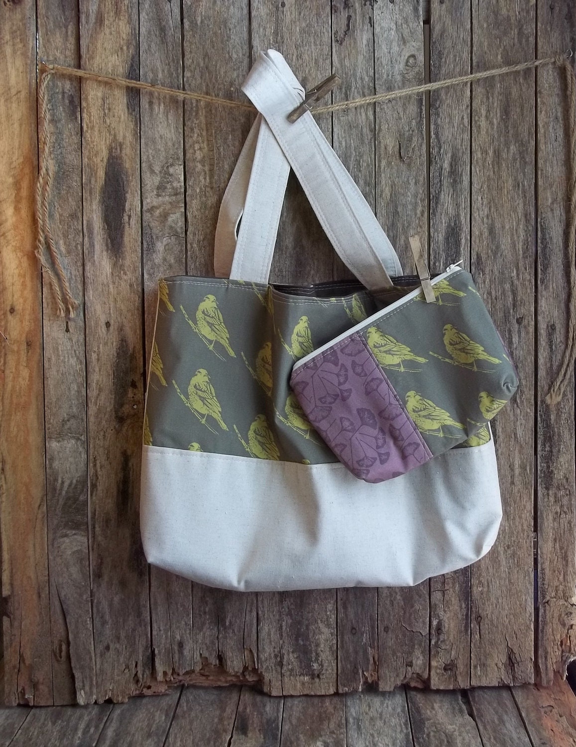 Extra Large Bird Bag and Pouch Set - Olive Green Purple Ginko