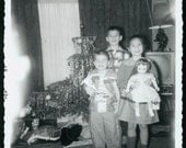 Vintage photo Christmas Morning Children w Toys Doll by Tree 1957