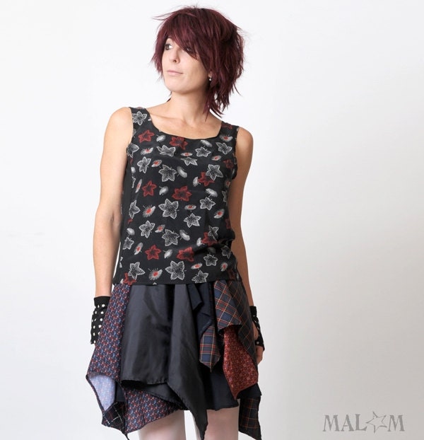 Black tank top - Sleeveless top in vintage silk with leaves print - sz M