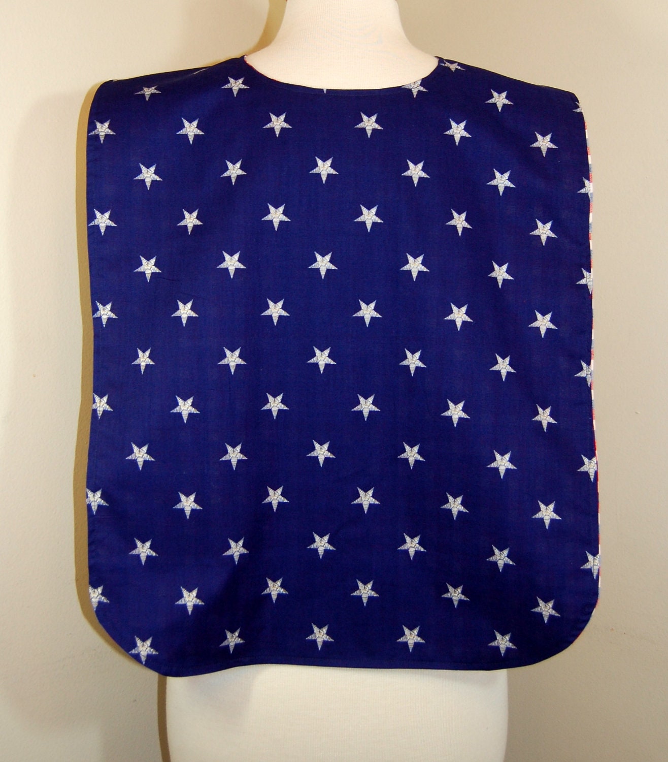 Adult Rib Bib/Clothing Protector/Crumb Catcher Masculine Bib, Long Length:  White Stars on Blue /Red, White and Blue Plaid  - Ready to Ship