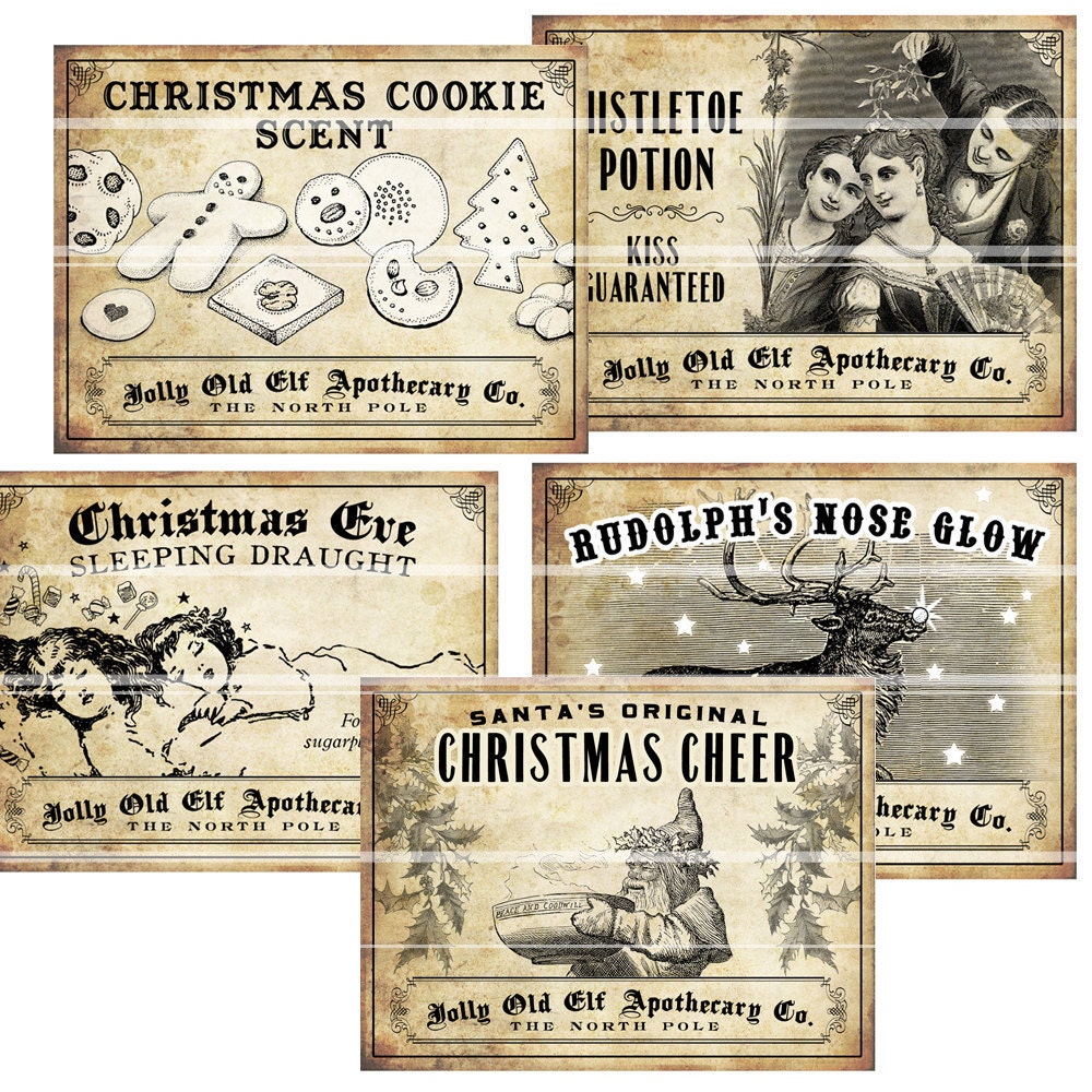 Antique Christmas Potion Wine Labels 4.25 x 3.25 digital collage sheet decorations for your holiday dinner parties printable cheer reindeer