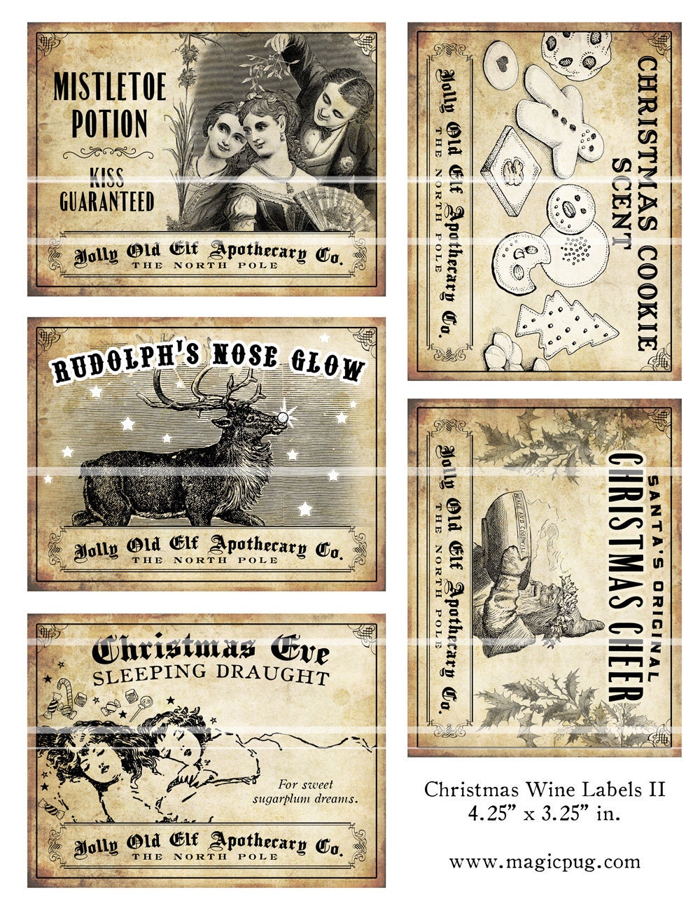 Antique Christmas Potion Wine Labels 4.25 x 3.25 digital collage sheet decorations for your holiday dinner parties printable cheer reindeer