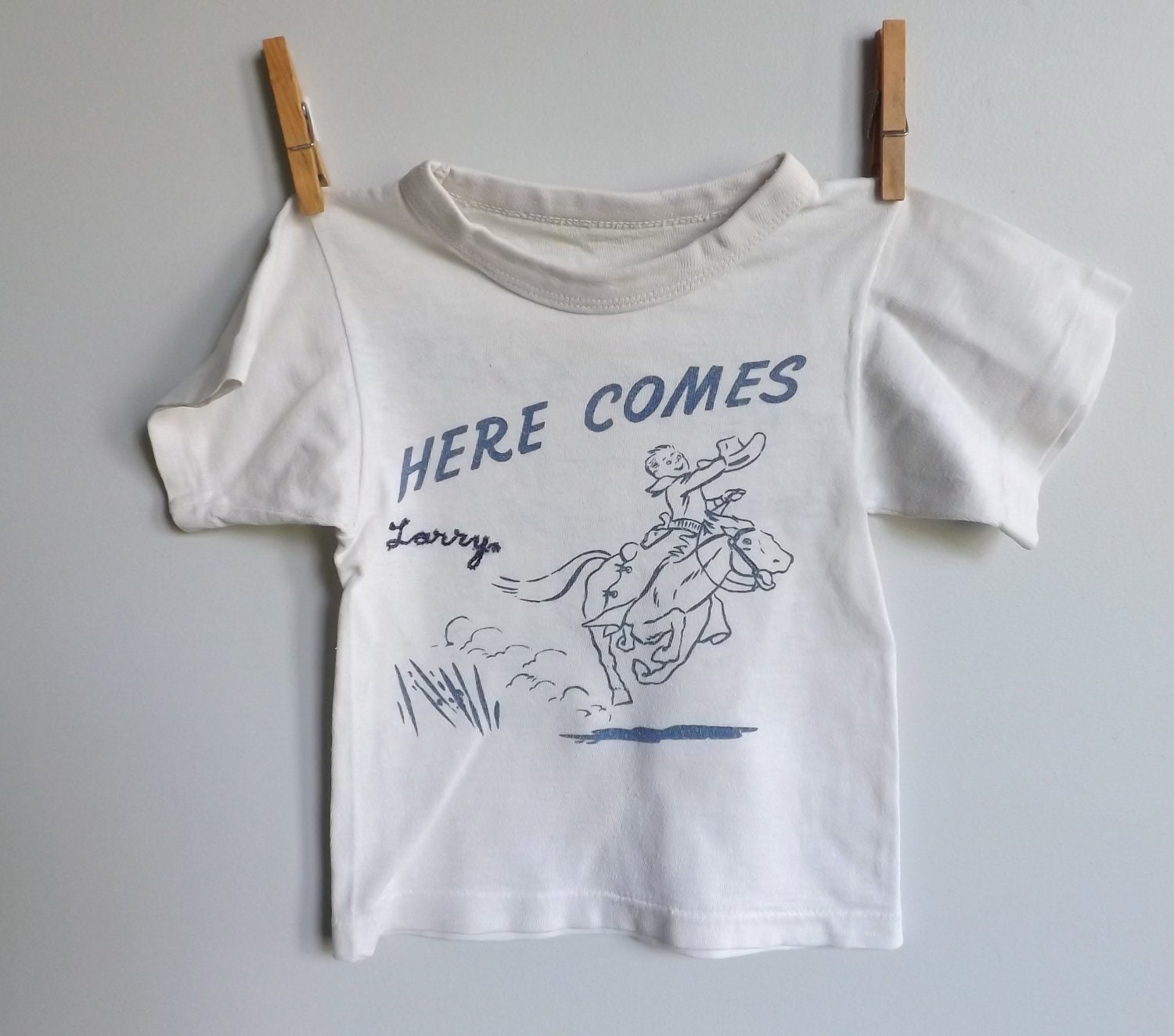 Vintage 1950s cowboy t-shirt, "Here comes Larry"