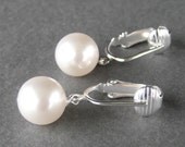 Round Pearl Clip On Earrings, Silver Ear Clips, White Pearl Wedding Clipons