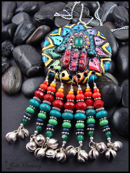 Beadworx - Polymer Clay and Sterling Silver Gemstone Pendant - Lotus Vibrations