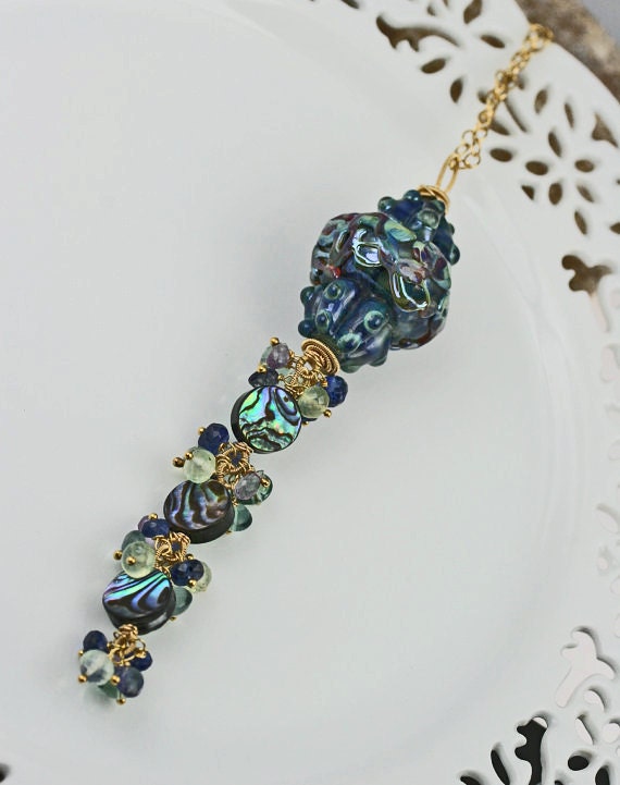 oOo SALE oOo - 60% off - Glass Lampwork Cluster Gemstone 14k Gold Fill Wire Wrapped Necklace - The Sea Maiden
