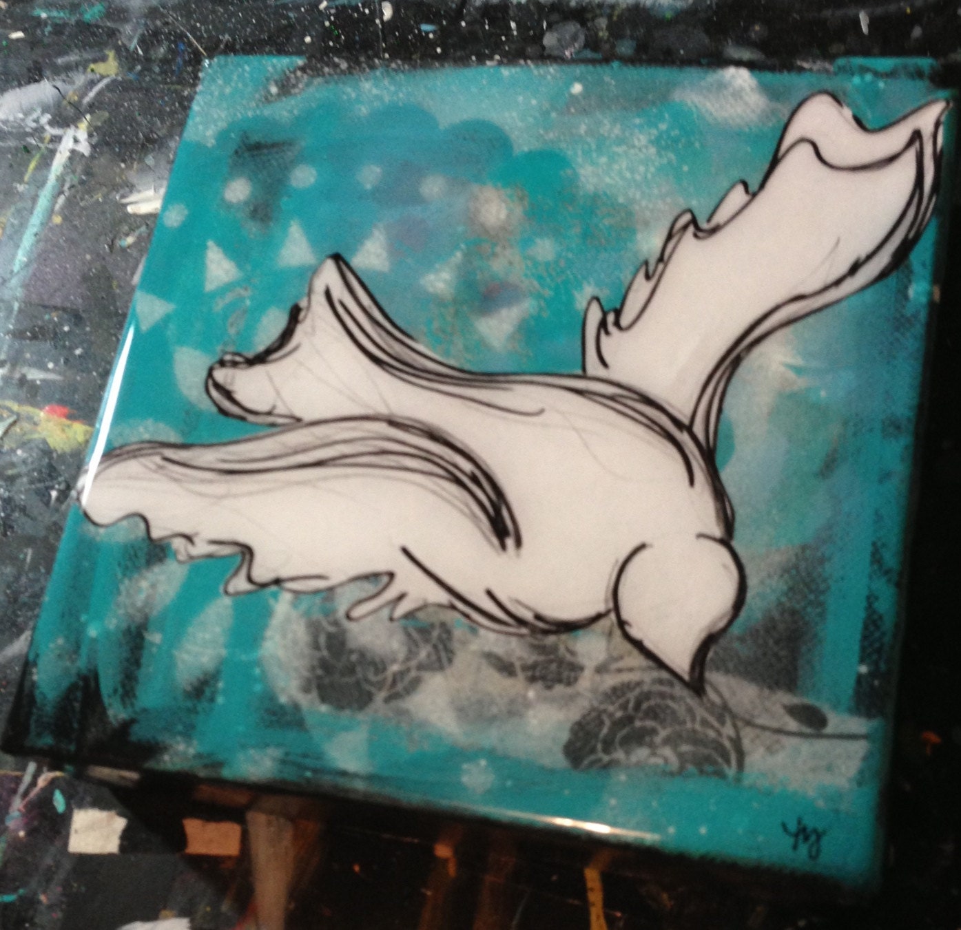 White Bird flying blue background