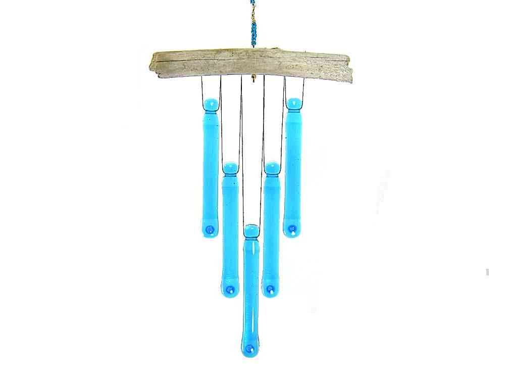 Blue Glass Wind Chime with Driftwood