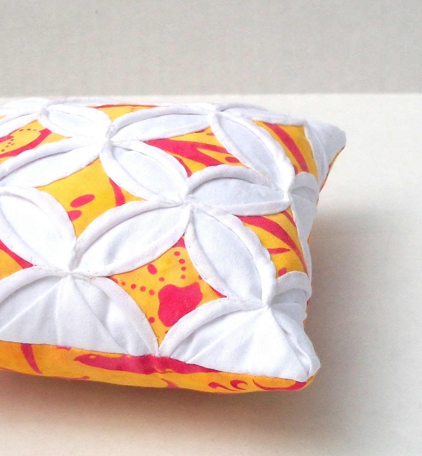 Pincushion Batik Yellow Red Mini Cathedral Window Pillow - 5 Inches Square