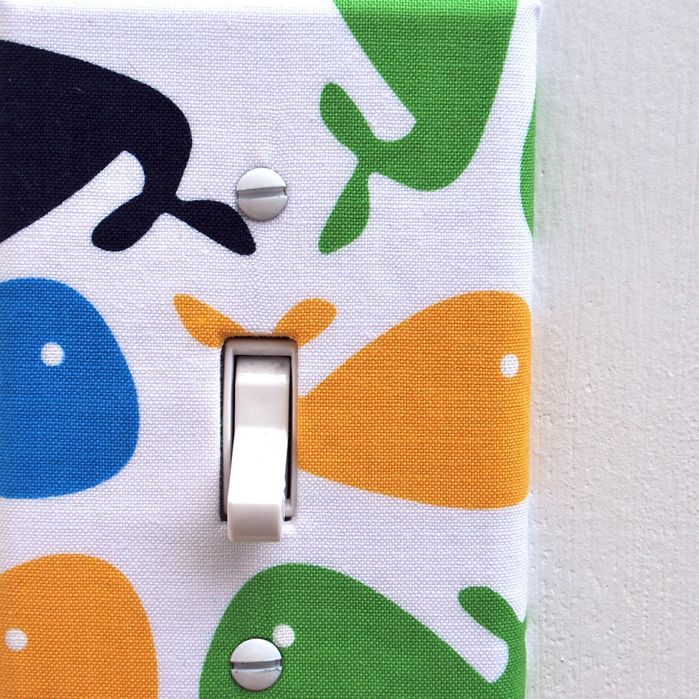 Light Switch Plate Cover, wall decor - white with blue, green, and yellow whales