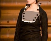 victorian cowl sweater in black fleece --adjustable buttoned collar with eyelet trim. winter pullover.