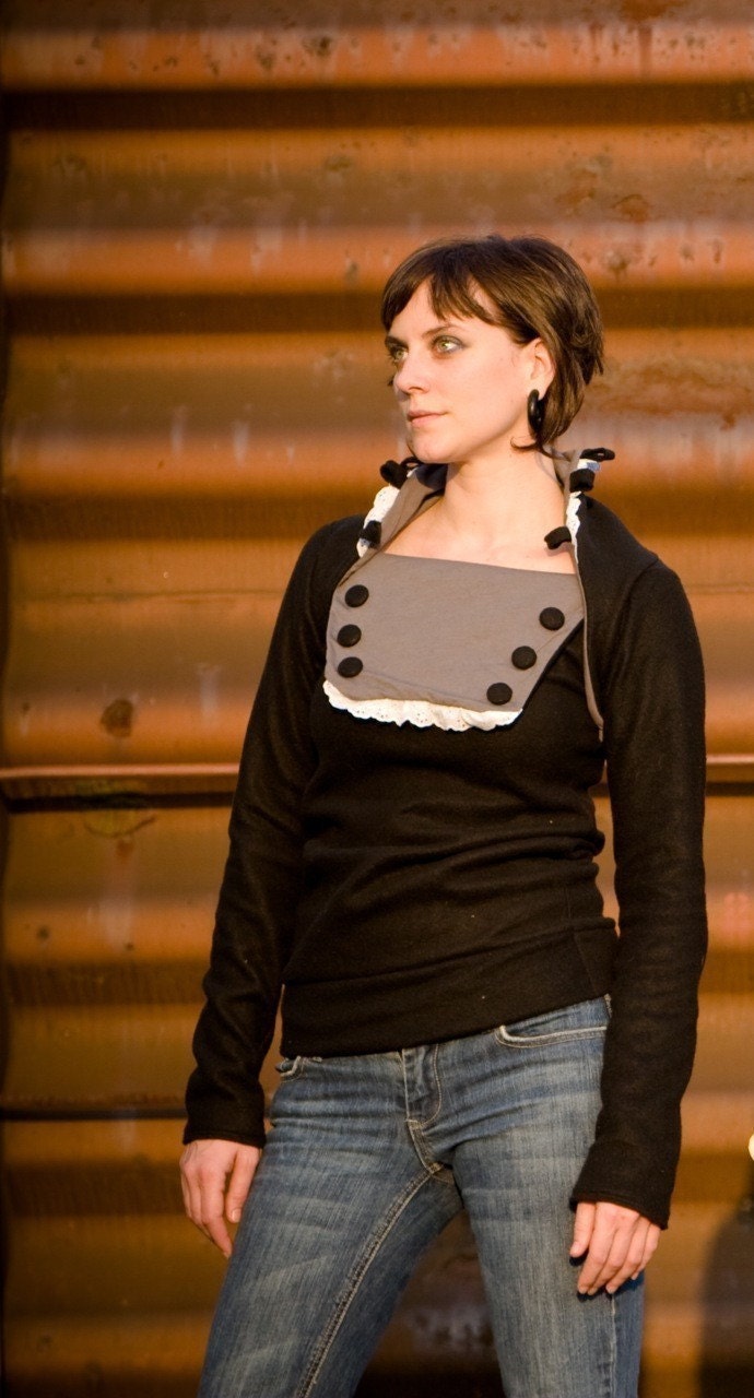 victorian cowl sweater in black fleece --adjustable buttoned collar with eyelet trim. winter pullover.