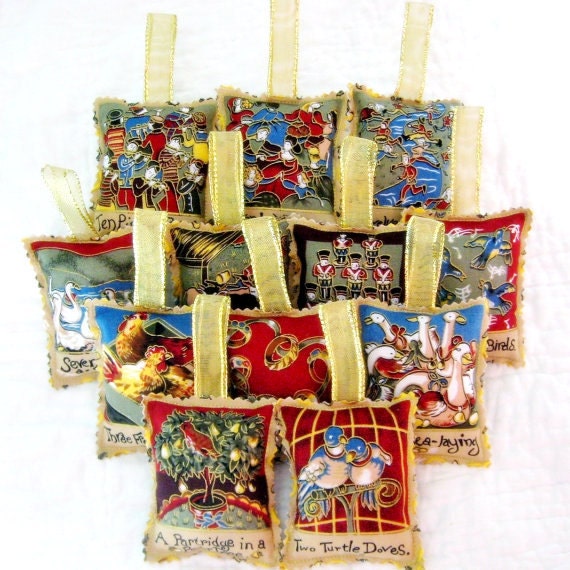 12 Days of Christmas Ornament Set - Fabric with Gold Ribbon Hangers