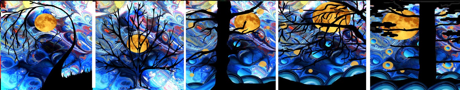 Artist Made Cotton Fabric 5 Square Panels Moon Light Night Landscape Tree Fiber Art