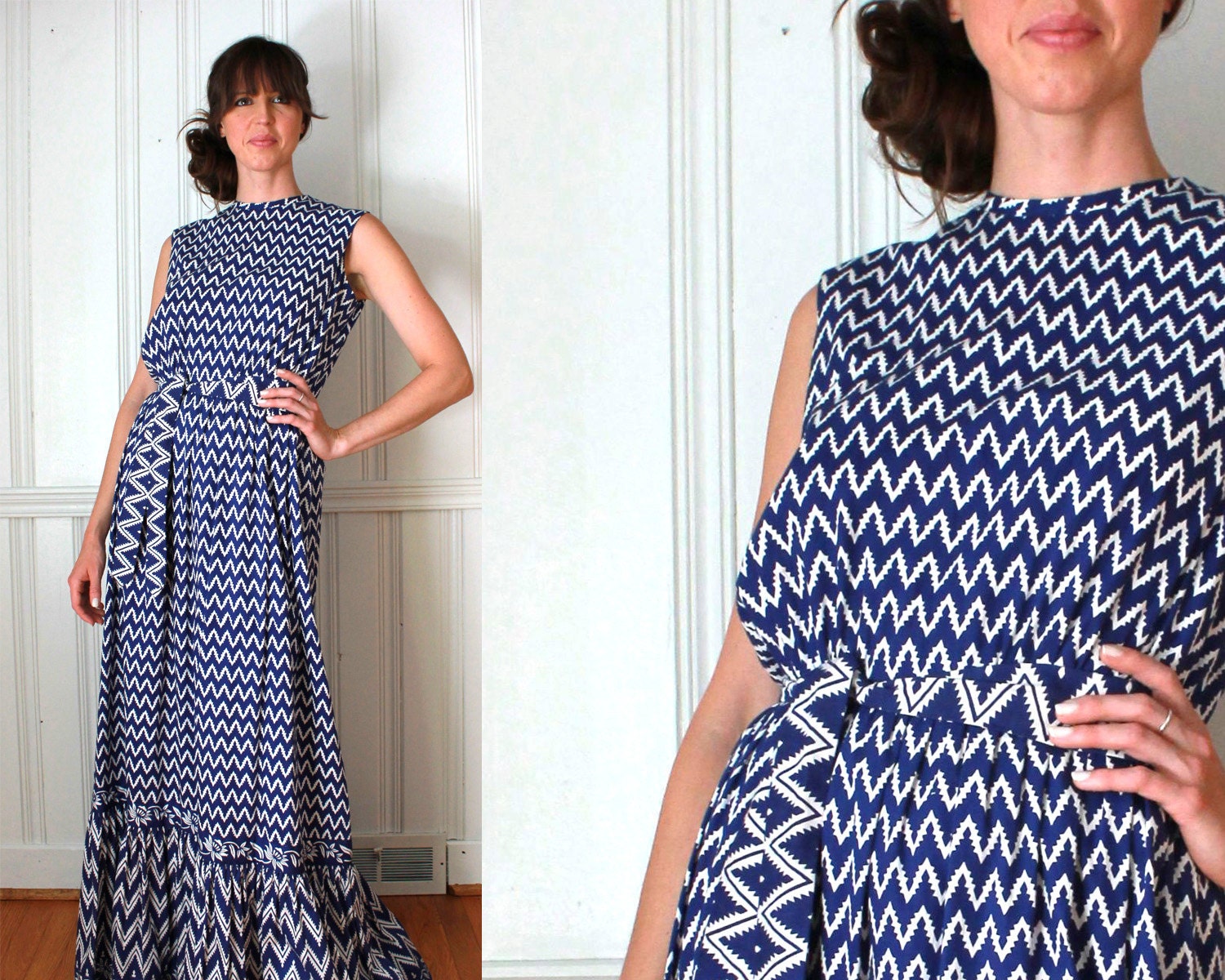 M 70s Deep Blue w/ White Aztec Chevron Print Sleeveless Maxi Dress w/tie waistband