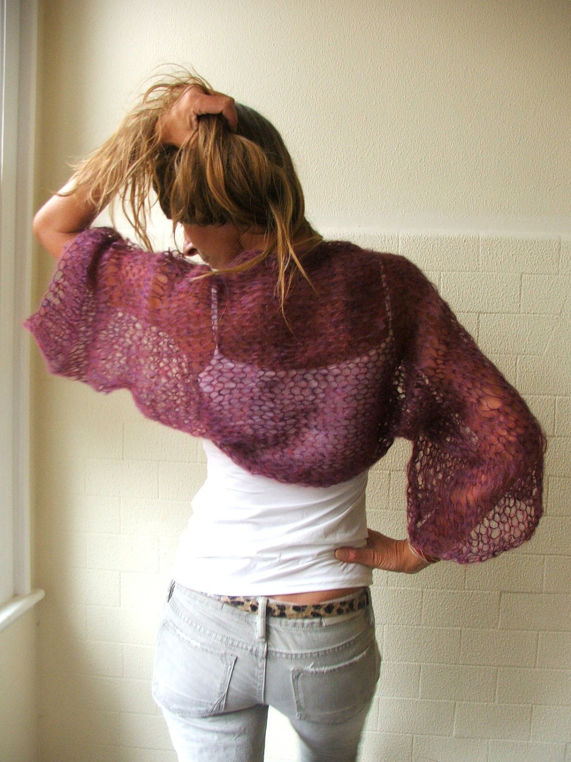 Burgundy haze kimono sleeved kid mohair shrug Ltd edition in this shade