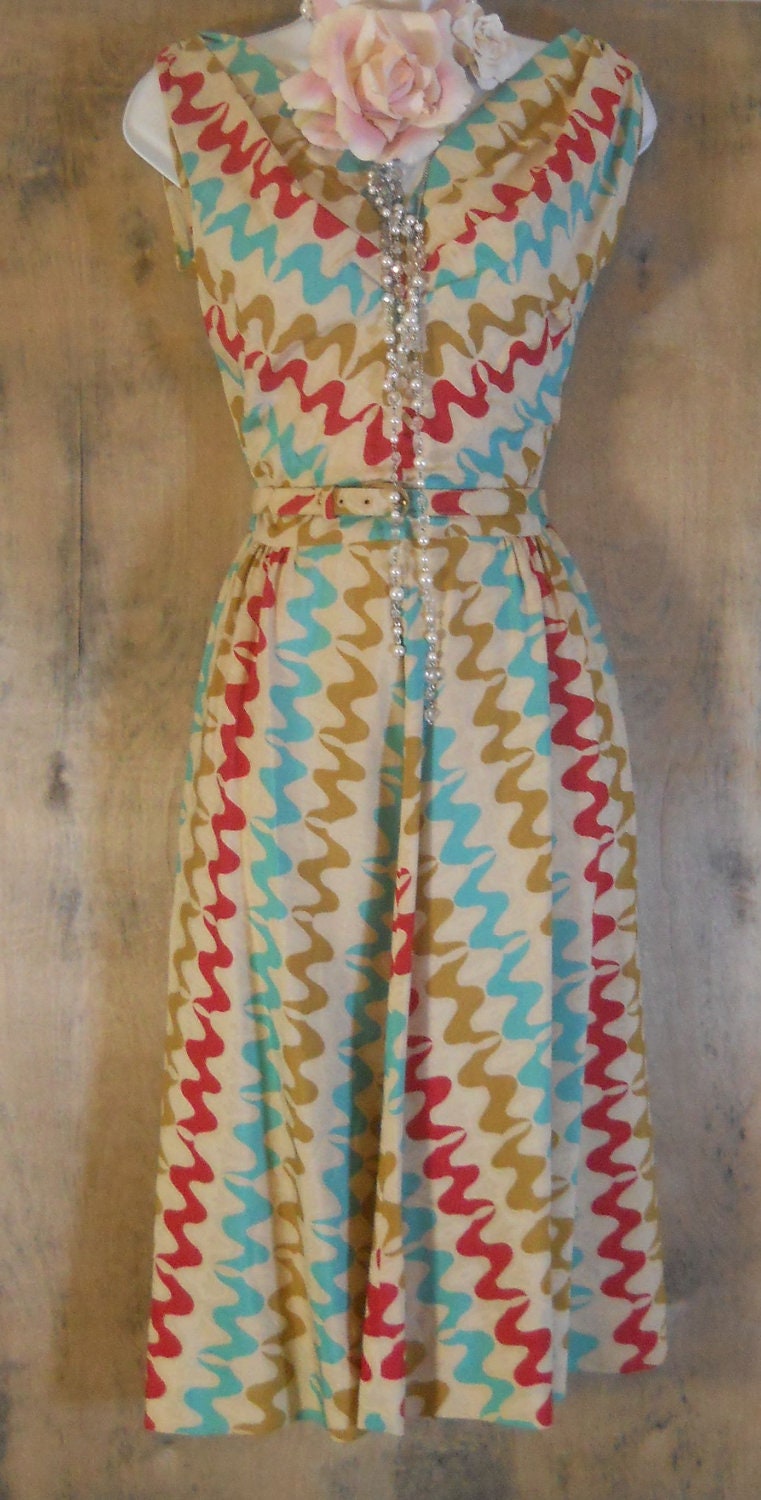 Vintage stripe dress red blue cream chevrons cotton boho   small  from vintage opulence on Etsy
