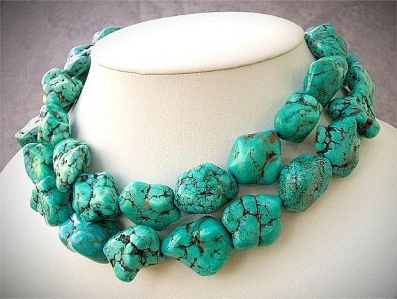 Chunky Turquoise Necklace, Two Strand Turquoise Nugget Necklace, Statement Necklace