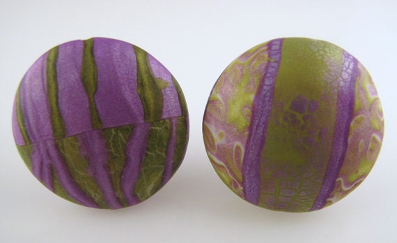 SALE Polymer Clay Reversible Art Beads Green Purples Green Orange White 1 1/4" Round Jewelry Making Beading