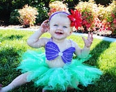 Custom Sewn 8" Infant Toddler Pixie Tutu Ariel Costume - sizes Newborn up to 12 months - tutu, seashell top, and flower headband - Halloween
