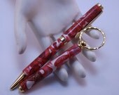Shades of Red with Gold Leaf Mokume Gane Polymer Clay 24kt Gold Accented Pen with Matching Key Chain