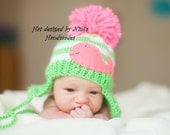 Knit Baby Hat HOTPINK  Nautical Whale Childrens hat with Pom Pom Earflap Beanie - lime and white stripes, crochet baby hat,