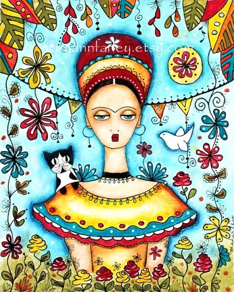 Frida Kahlo Girl Art Print, Whimsical Illustration, Mexican Art, Cat Folk Day of the Dead, Watercolor Mixed Media 8 x 10, Turquoise Blue