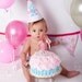 Girl First Birthday Hat - Pink and white stripes with aqua and hot pink accents - Michael Miller aqua ta dots fabric