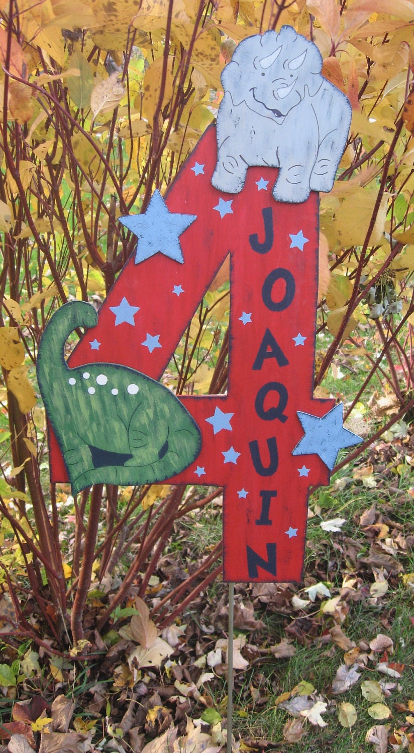 Dinosaurs Happy 4th Birthday Prop Sign - Hand-Painted Wood - Gift Table Centerpiece - Wall Hanging Keepsake