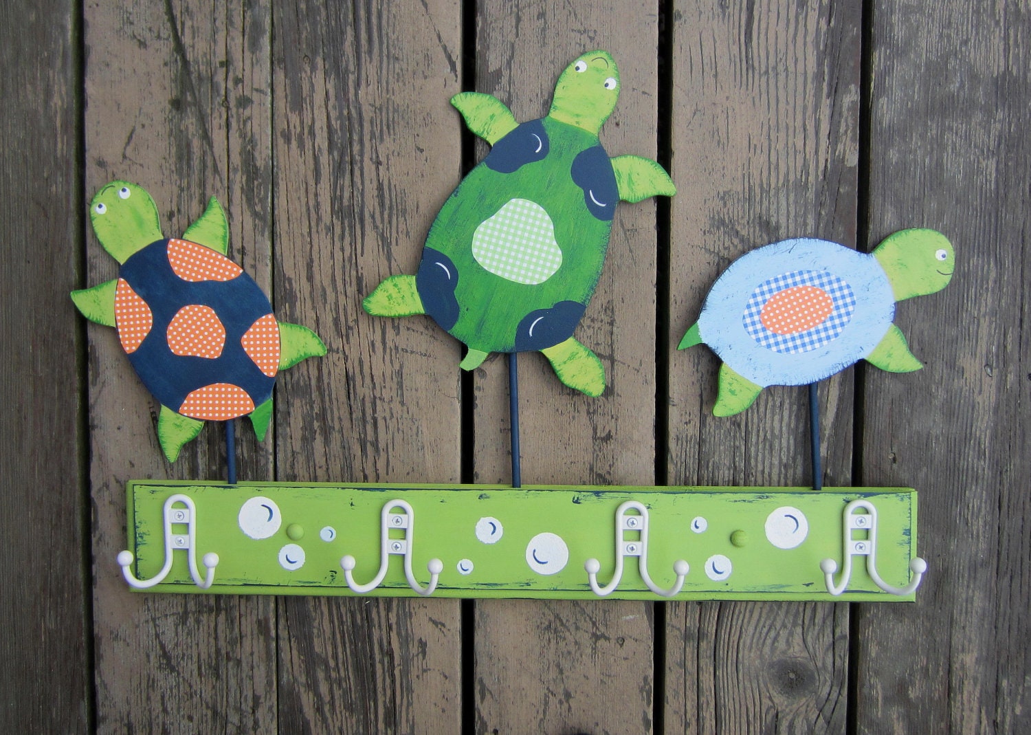 Turtle Bathroom Towel Rack - Custom Colors - Natural Wood