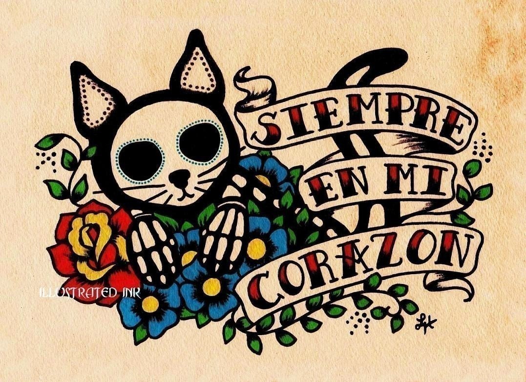 Day of the Dead CAT Dia de los Muertos Art Print 5 x 7 - Donation to Austin Pets Alive