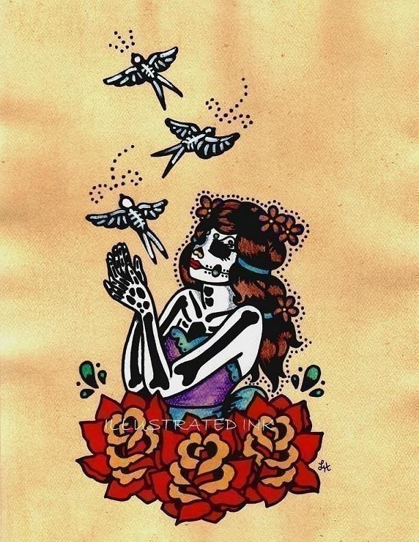 Day of the Dead Art Skeleton BIRDS Tattoo Print 8 x 10